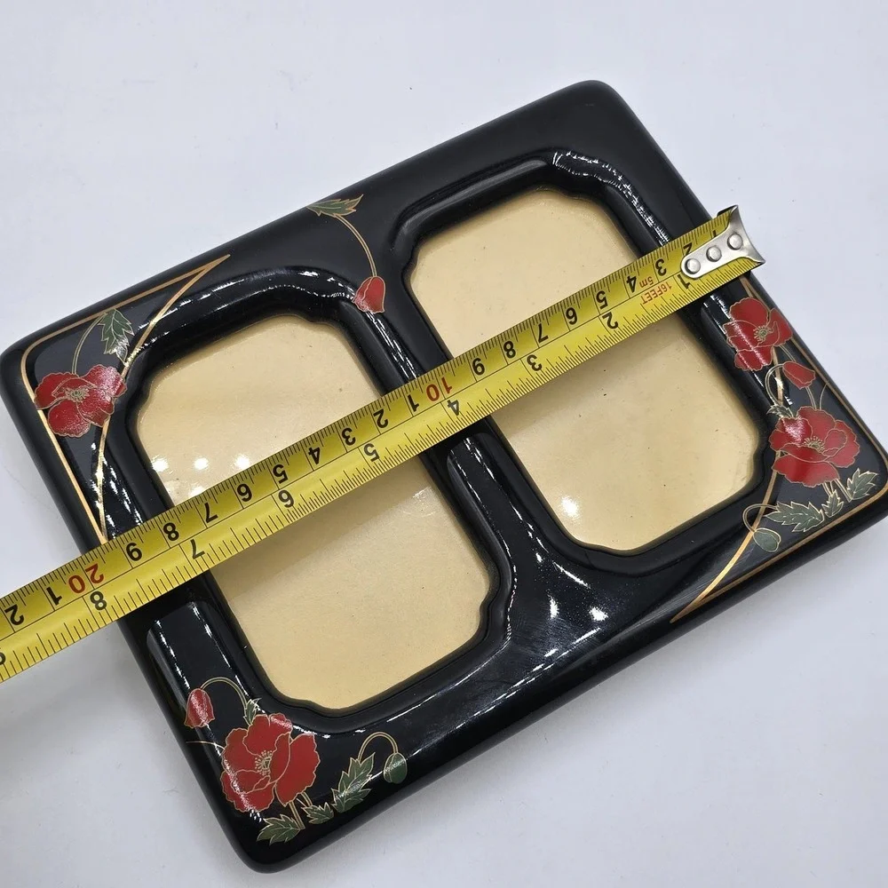 Vintage Double Photo Frame Black Ceramic Red Flowers Bird Japan Holds 4.5x3